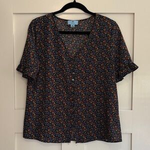CeCe Black Floral Ruffle Short-Sleeve Blouse - Women’s Size Medium